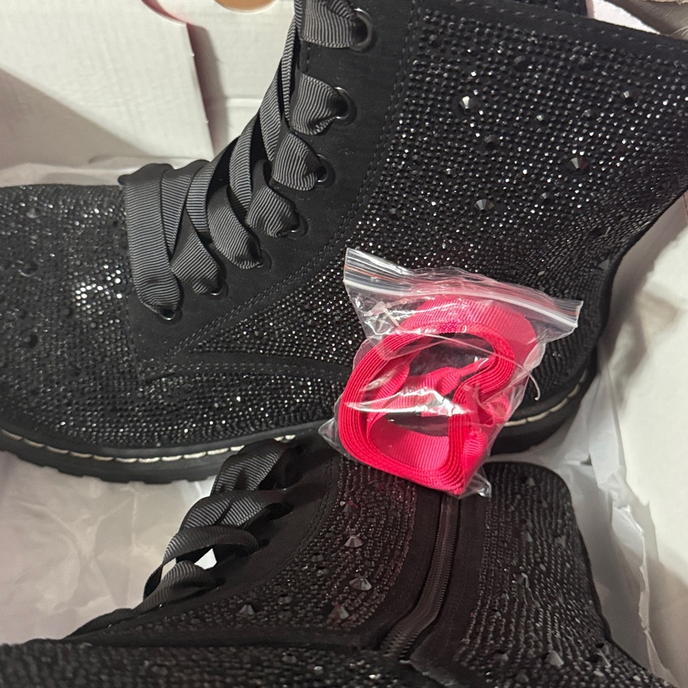 NWT/NIB Betsey Johnson Black Rhinestone Combat Boots Sz 10